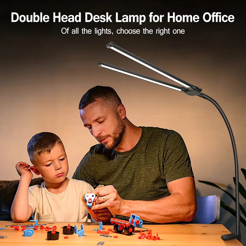 LED Desk Lamp Double Head 3 Colors Stepless Dimming for Home Office Adjustable Reading Light with Clamp for Home Office