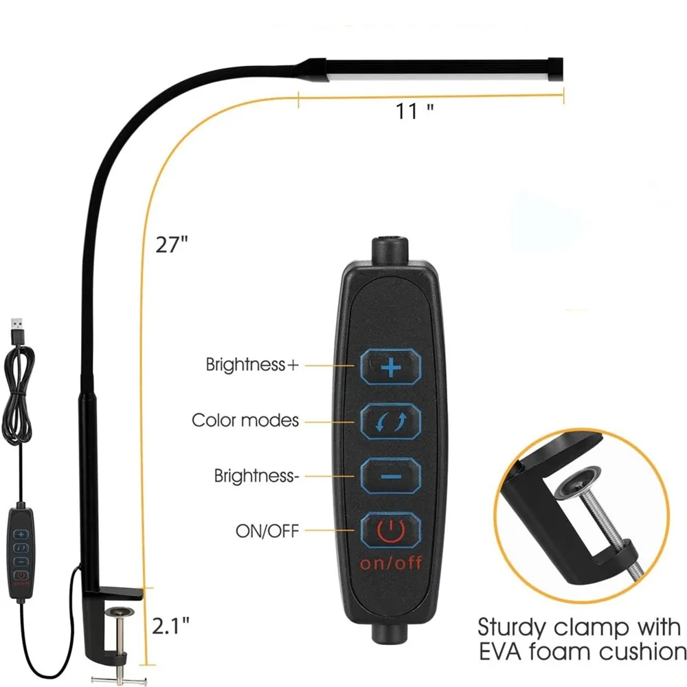 LED Desk Lamp Double Head 3 Colors Stepless Dimming for Home Office Adjustable Reading Light with Clamp for Home Office