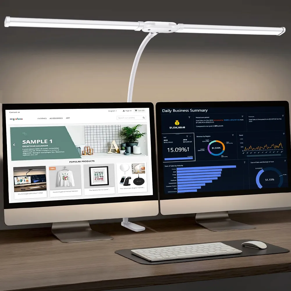 LED Desk Lamp Double Head 3 Colors Stepless Dimming for Home Office Adjustable Reading Light with Clamp for Home Office