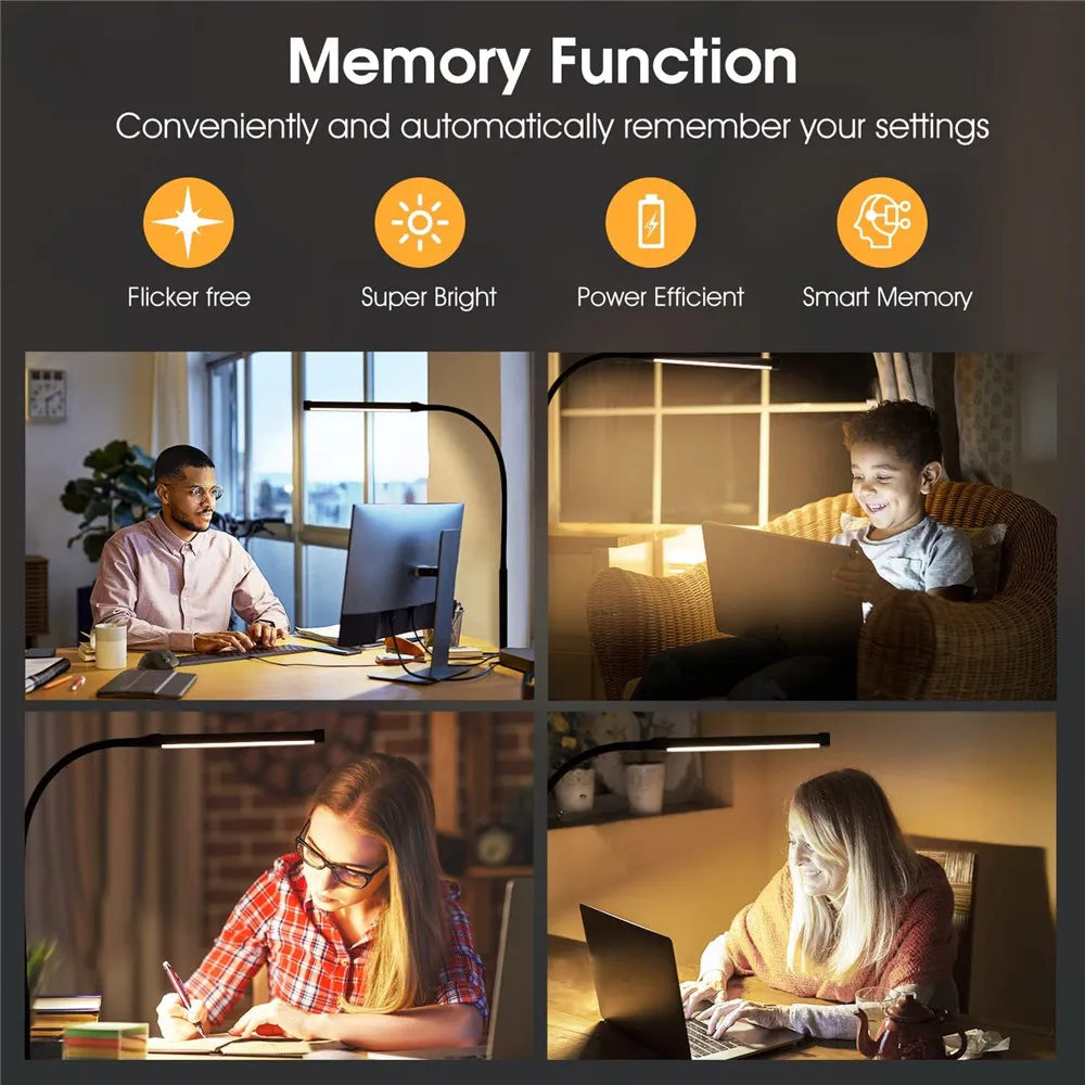 LED Desk Lamp Double Head 3 Colors Stepless Dimming for Home Office Adjustable Reading Light with Clamp for Home Office