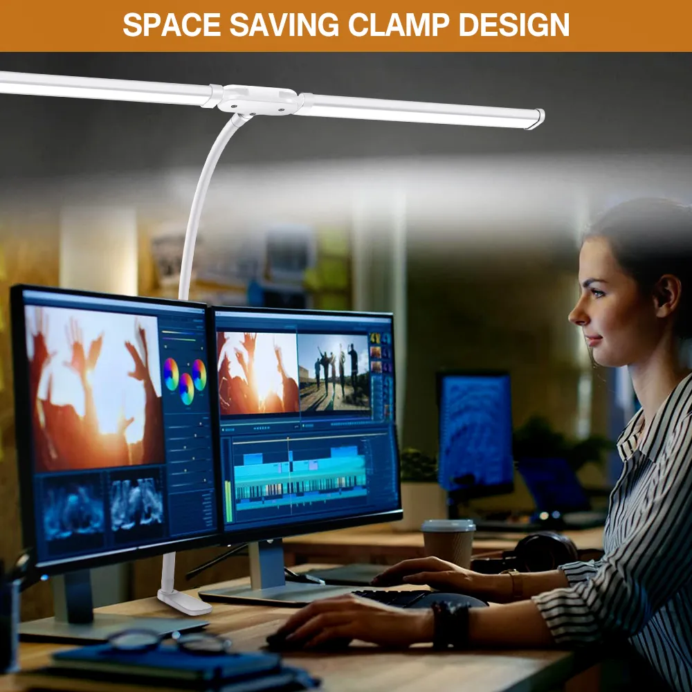 LED Desk Lamp Double Head 3 Colors Stepless Dimming for Home Office Adjustable Reading Light with Clamp for Home Office