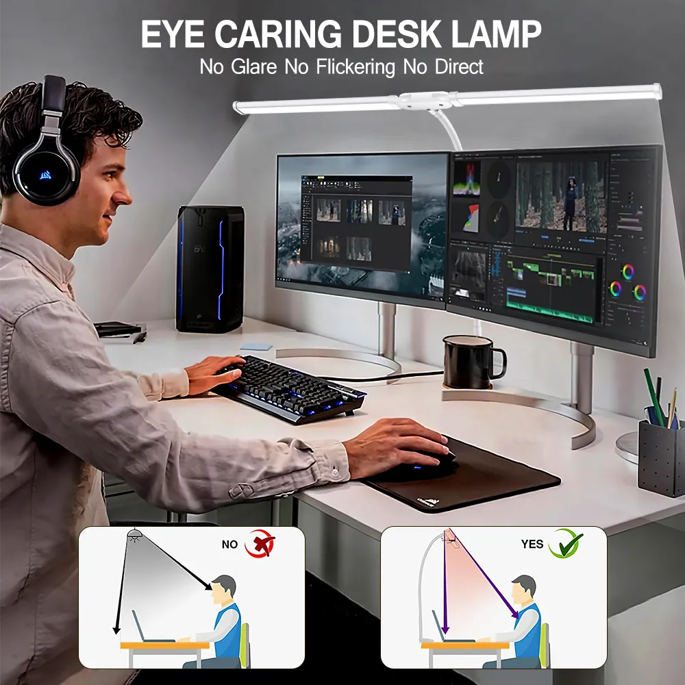 LED Desk Lamp Double Head 3 Colors Stepless Dimming for Home Office Adjustable Reading Light with Clamp for Home Office