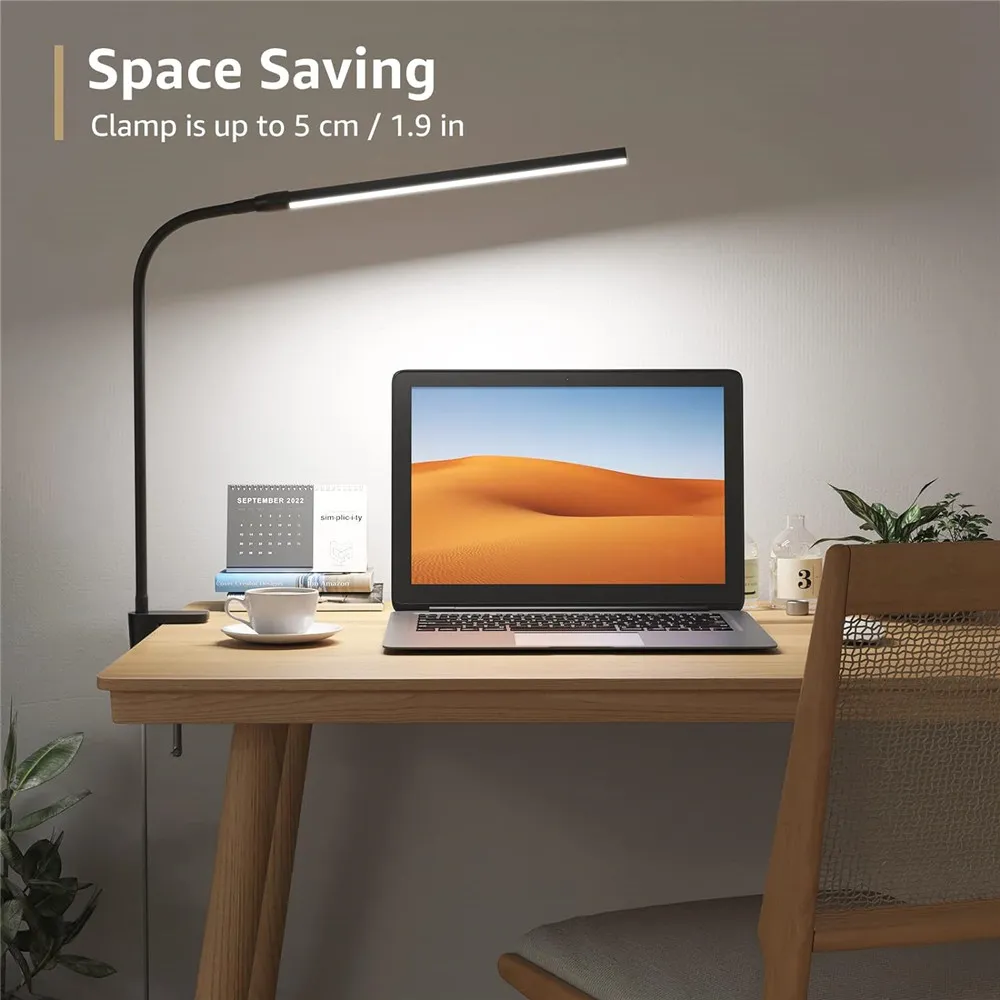 LED Desk Lamp Double Head 3 Colors Stepless Dimming for Home Office Adjustable Reading Light with Clamp for Home Office