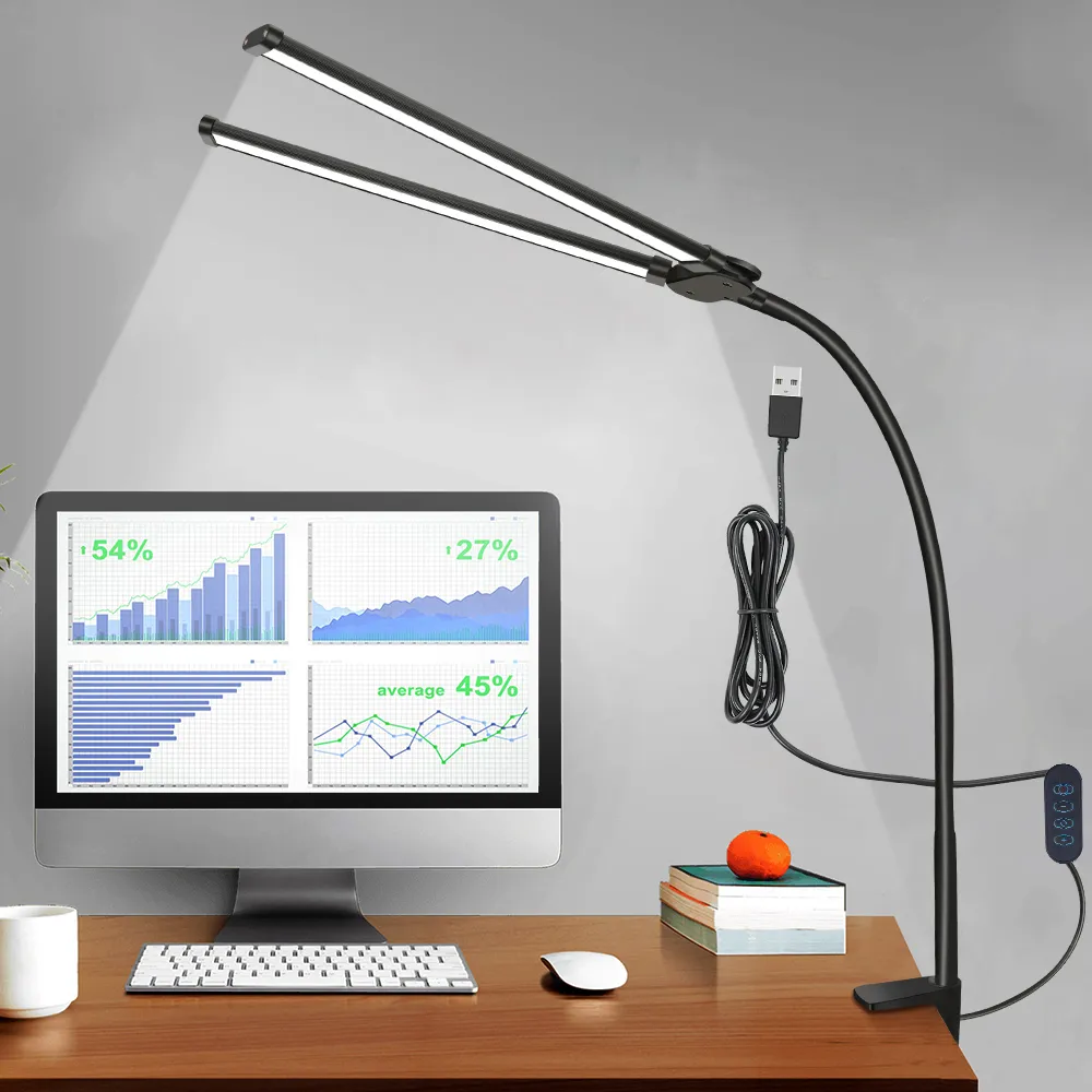 LED Desk Lamp Double Head 3 Colors Stepless Dimming for Home Office Adjustable Reading Light with Clamp for Home Office