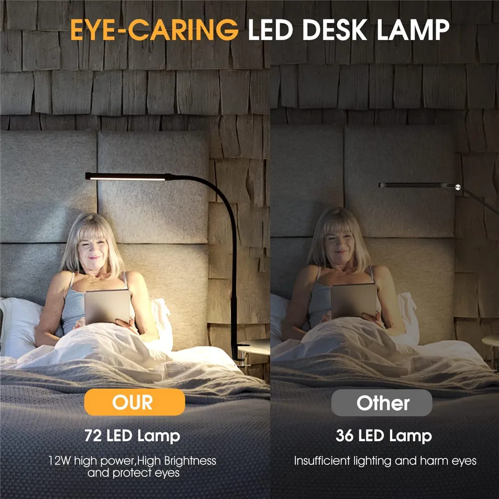 LED Desk Lamp Double Head 3 Colors Stepless Dimming for Home Office Adjustable Reading Light with Clamp for Home Office