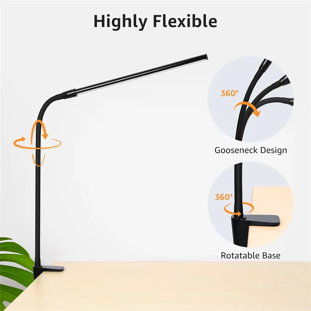 LED Desk Lamp Double Head 3 Colors Stepless Dimming for Home Office Adjustable Reading Light with Clamp for Home Office