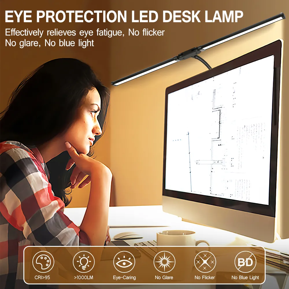 LED Desk Lamp Double Head 3 Colors Stepless Dimming for Home Office Adjustable Reading Light with Clamp for Home Office
