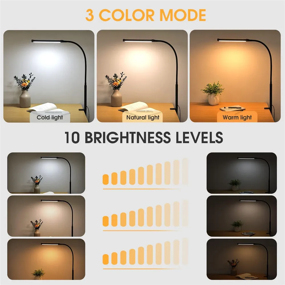 LED Desk Lamp Double Head 3 Colors Stepless Dimming for Home Office Adjustable Reading Light with Clamp for Home Office