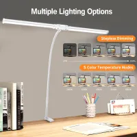 LED Desk Lamp Double Head 3 Colors Stepless Dimming for Home Office Adjustable Reading Light with Clamp for Home Office
