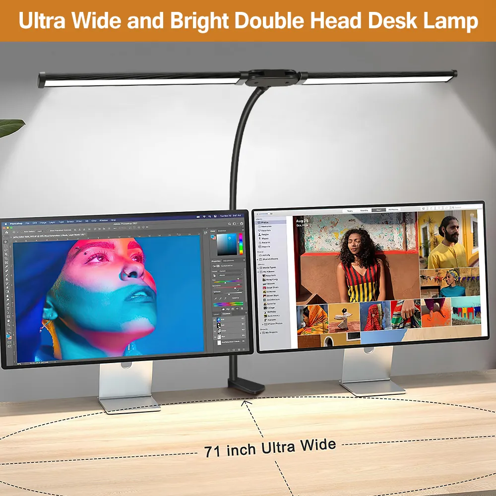 LED Desk Lamp Double Head 3 Colors Stepless Dimming for Home Office Adjustable Reading Light with Clamp for Home Office