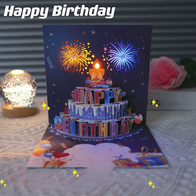 1pcHappy Birthday Card Fireworks 3D Pop Up Cake Light and Music Happy Birthday Card Gift Greeting Card for Husband Kids Wife Mom