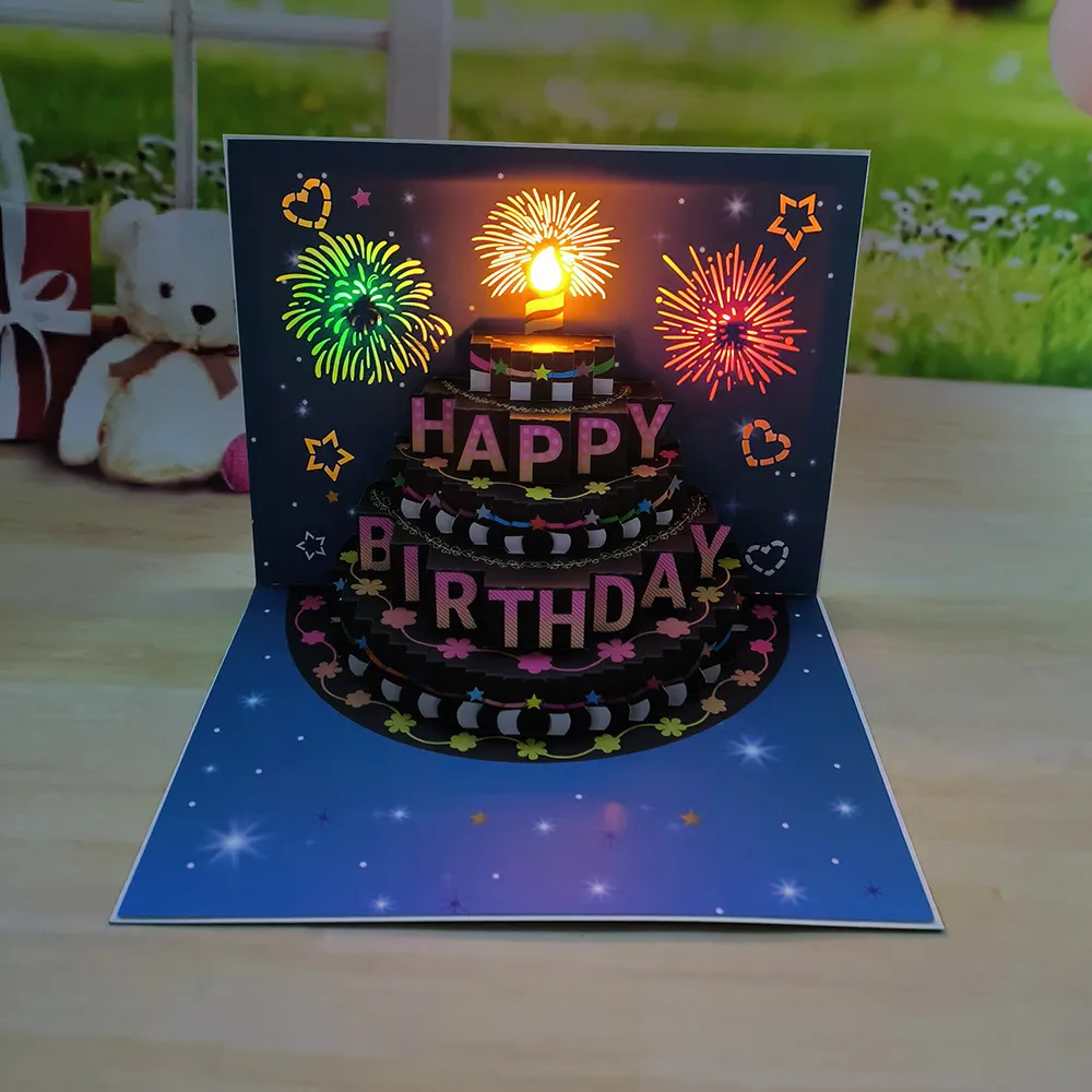 1pcHappy Birthday Card Fireworks 3D Pop Up Cake Light and Music Happy Birthday Card Gift Greeting Card for Husband Kids Wife Mom