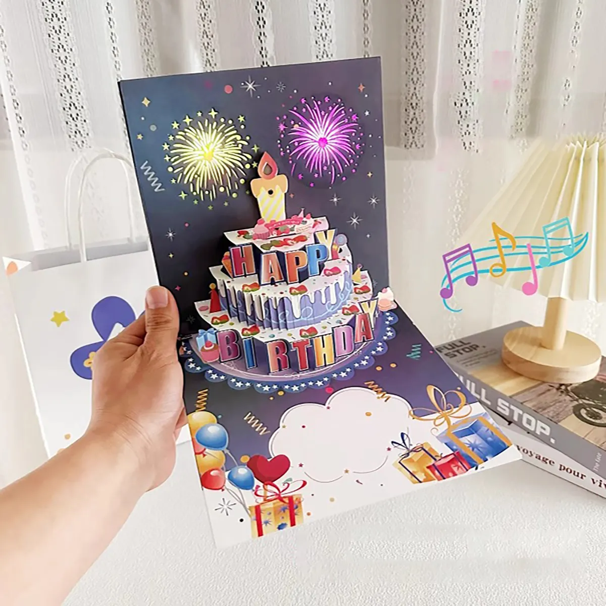 1pcHappy Birthday Card Fireworks 3D Pop Up Cake Light and Music Happy Birthday Card Gift Greeting Card for Husband Kids Wife Mom