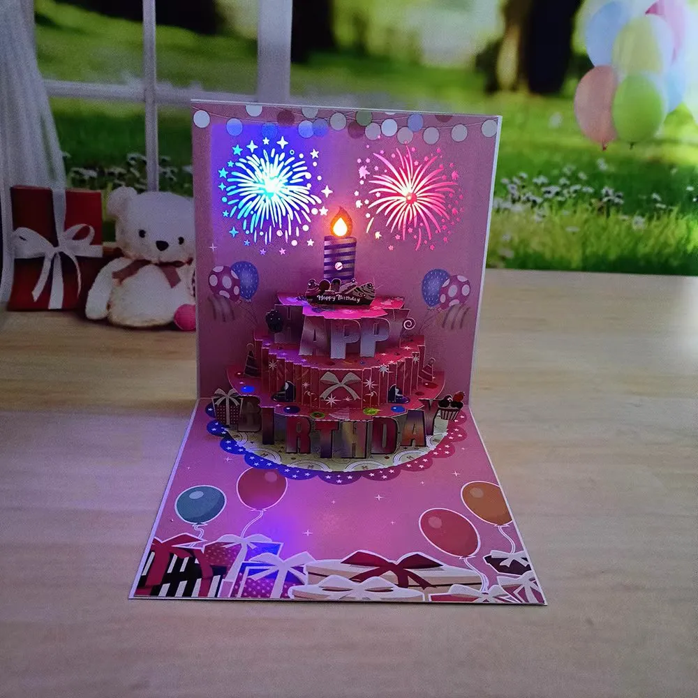 1pcHappy Birthday Card Fireworks 3D Pop Up Cake Light and Music Happy Birthday Card Gift Greeting Card for Husband Kids Wife Mom