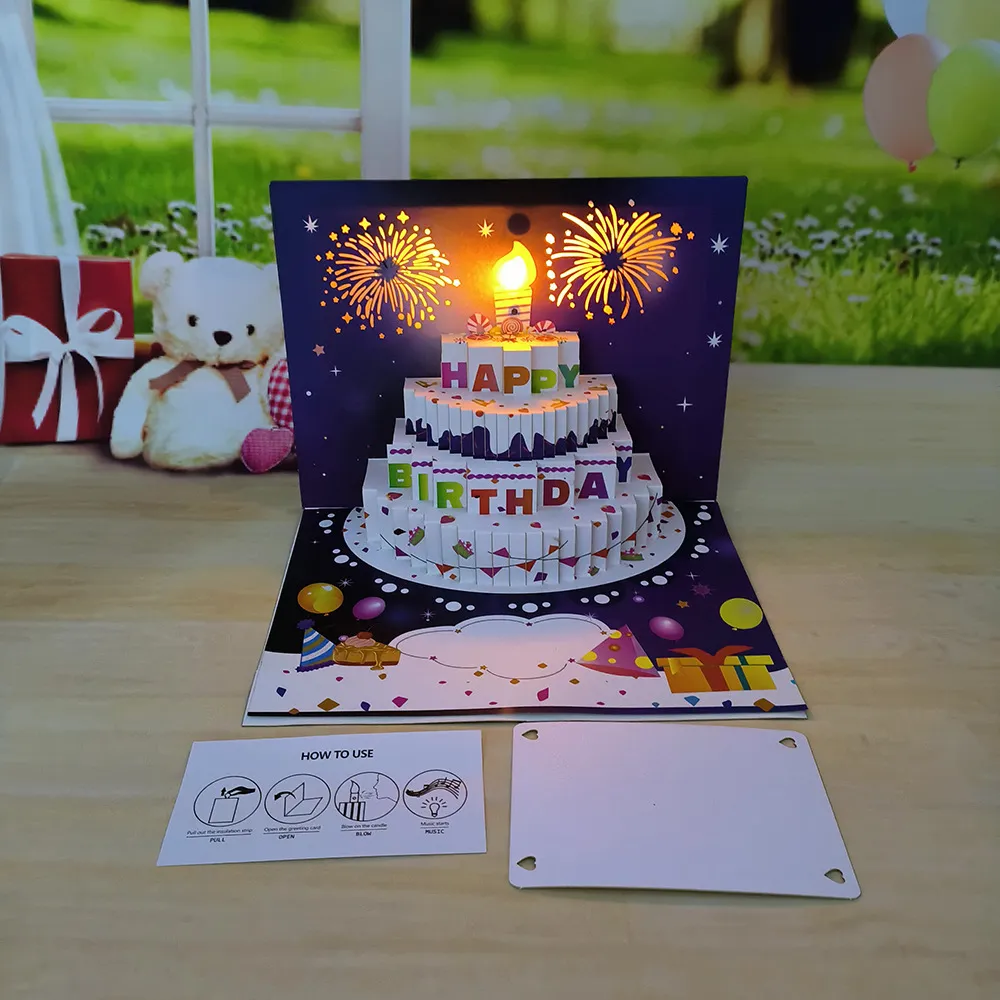 1pcHappy Birthday Card Fireworks 3D Pop Up Cake Light and Music Happy Birthday Card Gift Greeting Card for Husband Kids Wife Mom