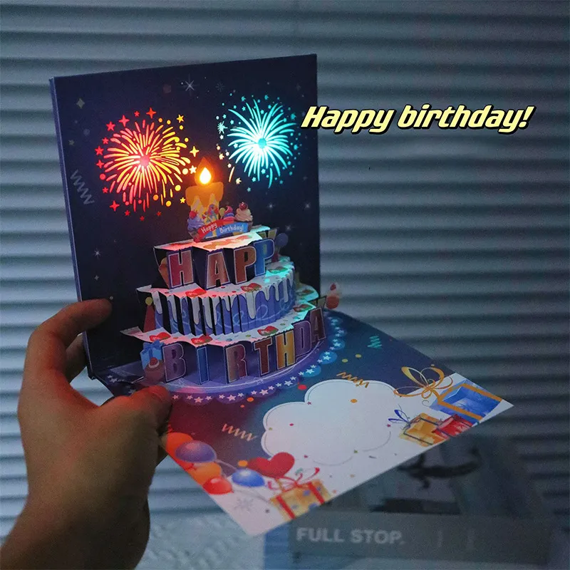 1pcHappy Birthday Card Fireworks 3D Pop Up Cake Light and Music Happy Birthday Card Gift Greeting Card for Husband Kids Wife Mom