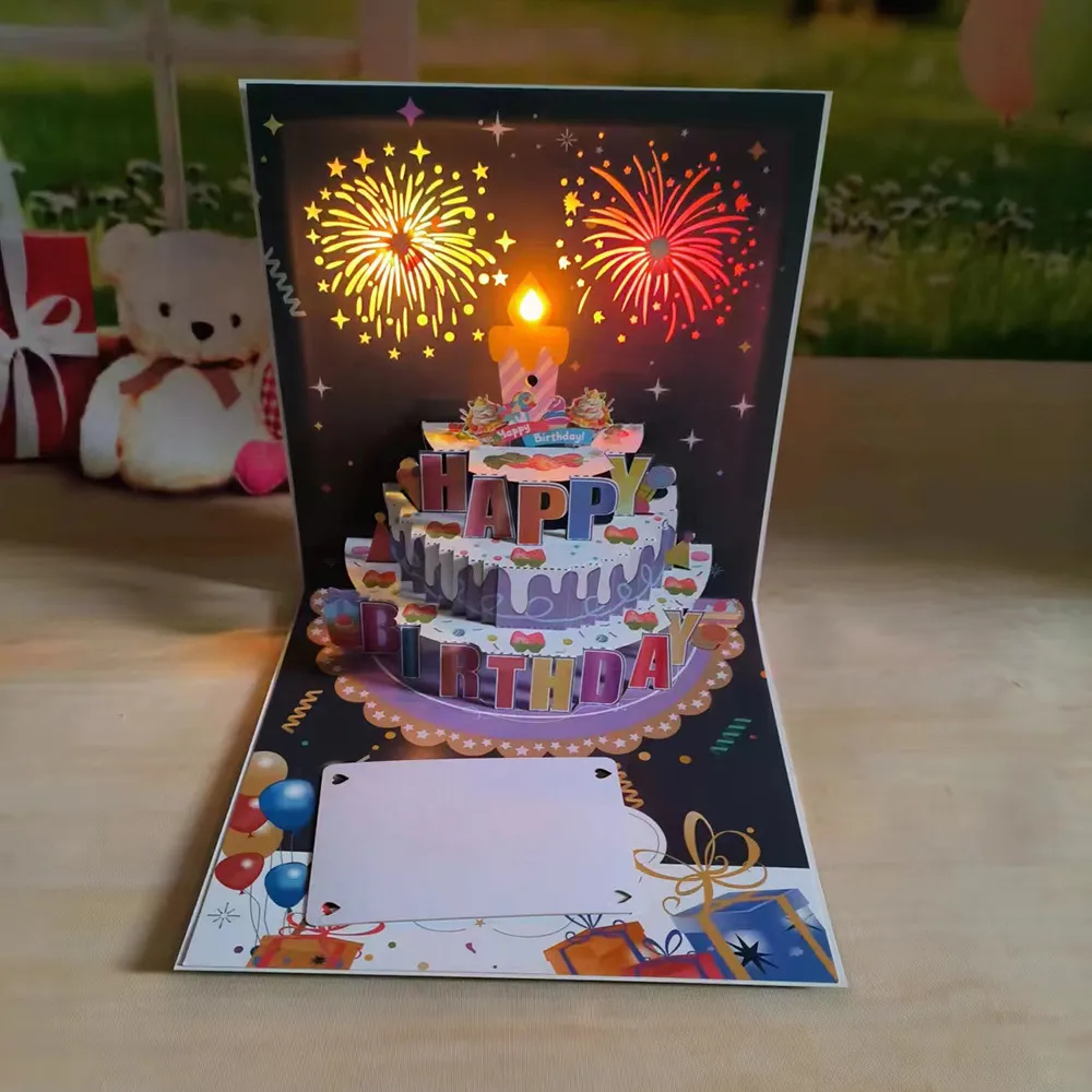 1pcHappy Birthday Card Fireworks 3D Pop Up Cake Light and Music Happy Birthday Card Gift Greeting Card for Husband Kids Wife Mom