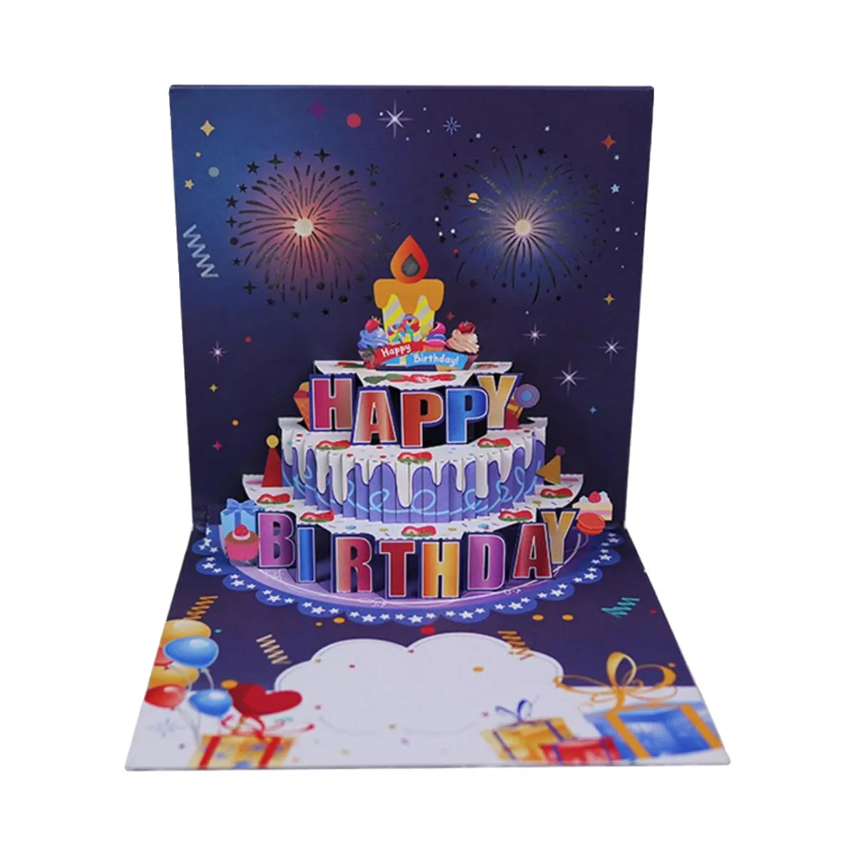 1pcHappy Birthday Card Fireworks 3D Pop Up Cake Light and Music Happy Birthday Card Gift Greeting Card for Husband Kids Wife Mom
