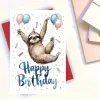 Whimsical sloth birthday card - festive design, balloons and confetti - perfect for family, friends, coworkers, siblings