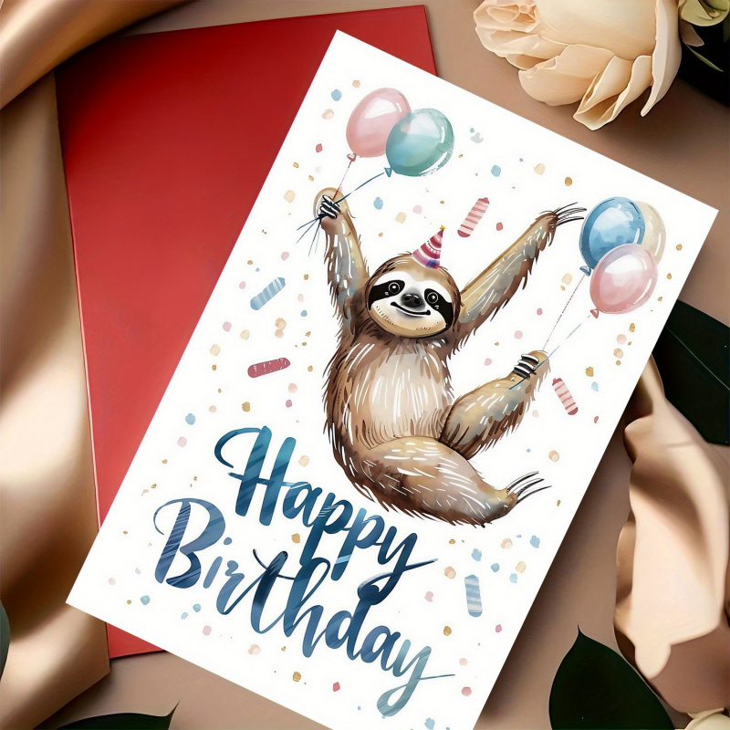 Whimsical sloth birthday card - festive design, balloons and confetti - perfect for family, friends, coworkers, siblings