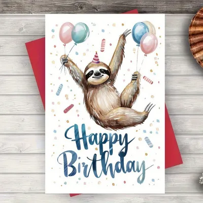 Whimsical sloth birthday card - festive design, balloons and confetti - perfect for family, friends, coworkers, siblings