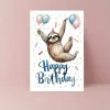 Whimsical sloth birthday card - festive design, balloons and confetti - perfect for family, friends, coworkers, siblings