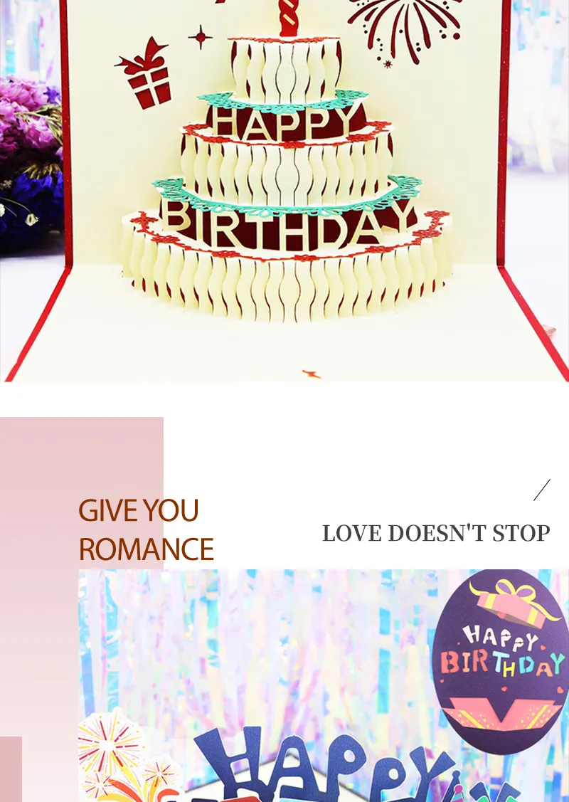 Hot 3D Pop UP Happy Birthday Cards Invitation Cake Greeting Card Business Kids Gift Tourist Postcard for Friend Dad Mom Present