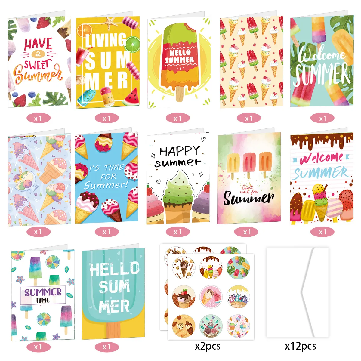 26pcs/set Hawaiian Fold Greeting Cards with Envelopes Summer Party DIY Gift Card Summer Ice Cream Themed Birthday Decorations