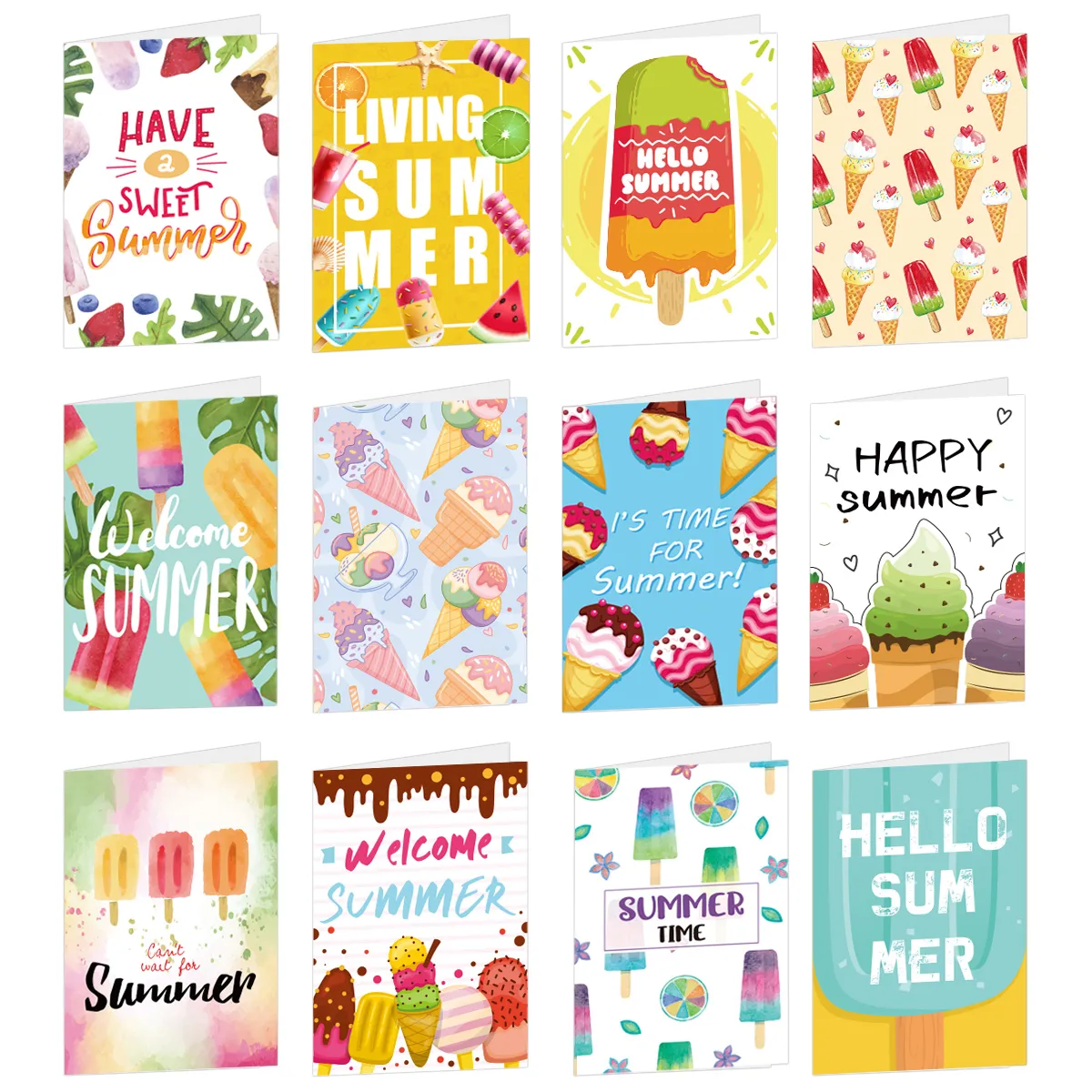 26pcs/set Hawaiian Fold Greeting Cards with Envelopes Summer Party DIY Gift Card Summer Ice Cream Themed Birthday Decorations