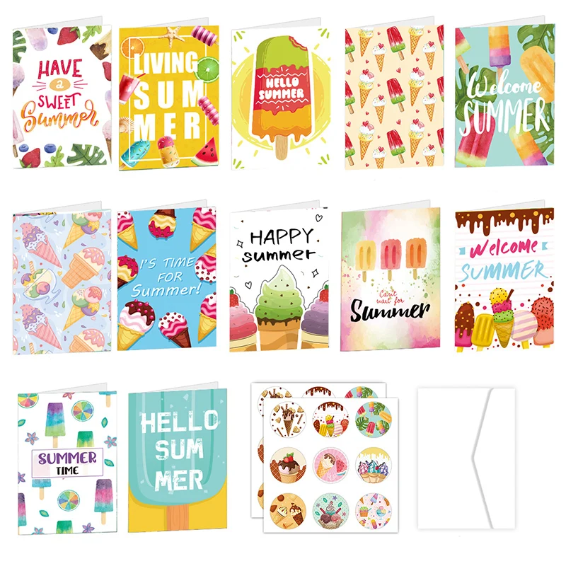 26pcs/set Hawaiian Fold Greeting Cards with Envelopes Summer Party DIY Gift Card Summer Ice Cream Themed Birthday Decorations