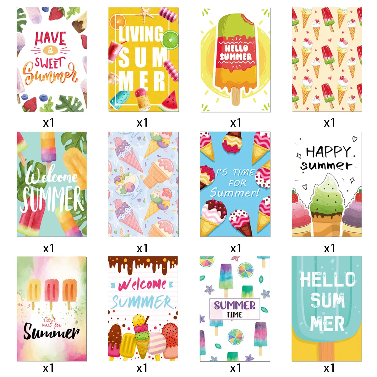 12pcs Hawaiian Postcard Hello Summer Ice Cream Pattern Greeting Cards Summer Beach Pool Party Decorations Gifts Gards Supplies