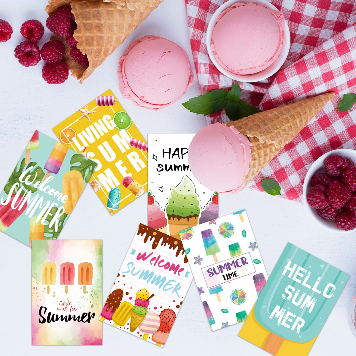 12pcs Hawaiian Postcard Hello Summer Ice Cream Pattern Greeting Cards Summer Beach Pool Party Decorations Gifts Gards Supplies
