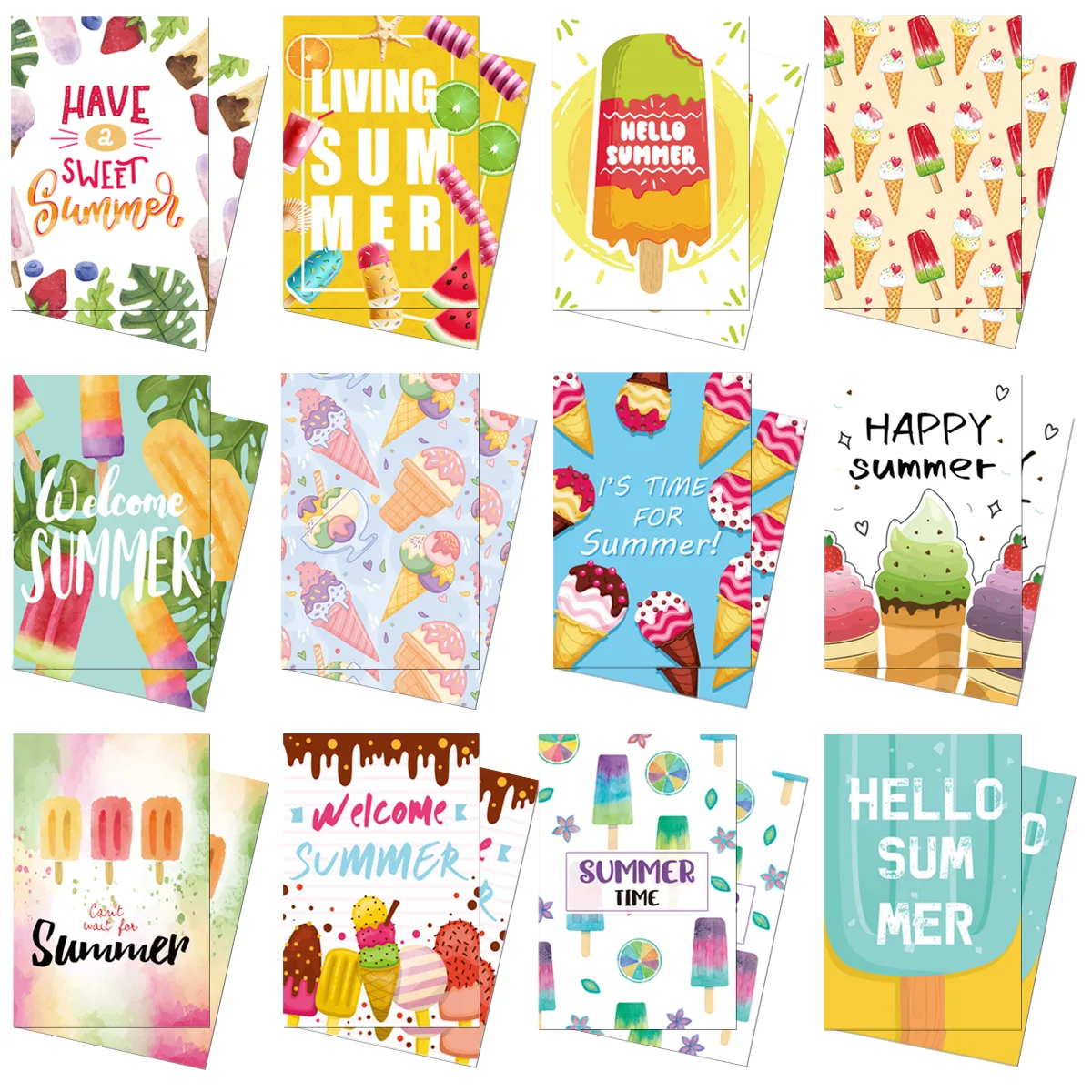12pcs Hawaiian Postcard Hello Summer Ice Cream Pattern Greeting Cards Summer Beach Pool Party Decorations Gifts Gards Supplies