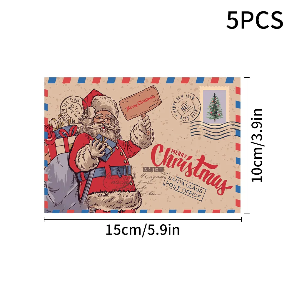 5Pcs Christmas Postcard Greeting Card Vintage Christmas Stamp Cards with Envelopes New Year Gift Card Xmas Party Decor Supplies