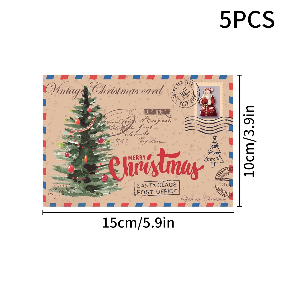 5Pcs Christmas Postcard Greeting Card Vintage Christmas Stamp Cards with Envelopes New Year Gift Card Xmas Party Decor Supplies