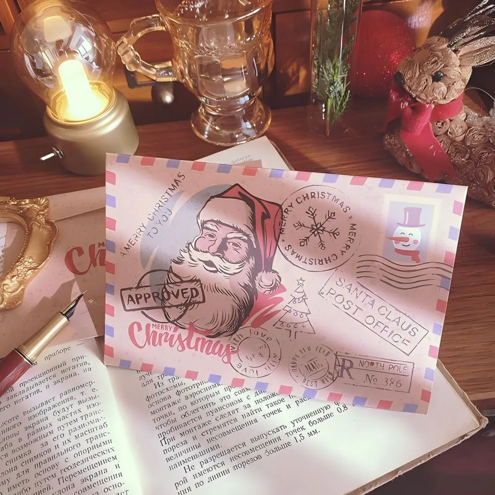 5Pcs Christmas Postcard Greeting Card Vintage Christmas Stamp Cards with Envelopes New Year Gift Card Xmas Party Decor Supplies