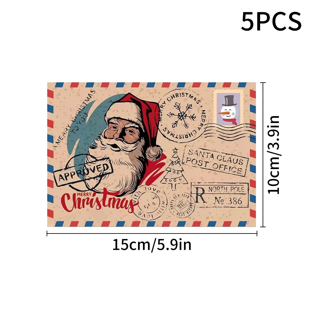 5Pcs Christmas Postcard Greeting Card Vintage Christmas Stamp Cards with Envelopes New Year Gift Card Xmas Party Decor Supplies