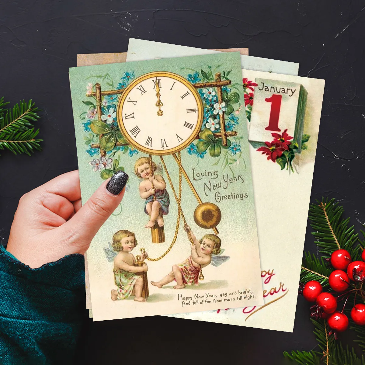 12pc Vintage-Inspired Postcards for Christmas & New Year,Happy New Year Greeting Card,Wall Collage Kit,Home Christmas Decoration