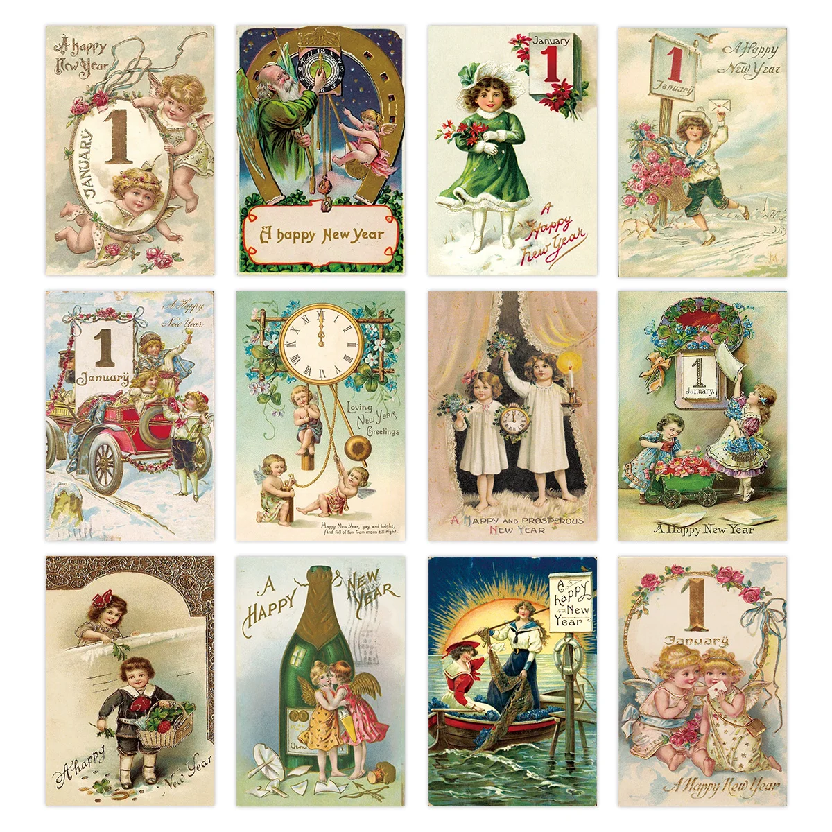 12pc Vintage-Inspired Postcards for Christmas & New Year,Happy New Year Greeting Card,Wall Collage Kit,Home Christmas Decoration