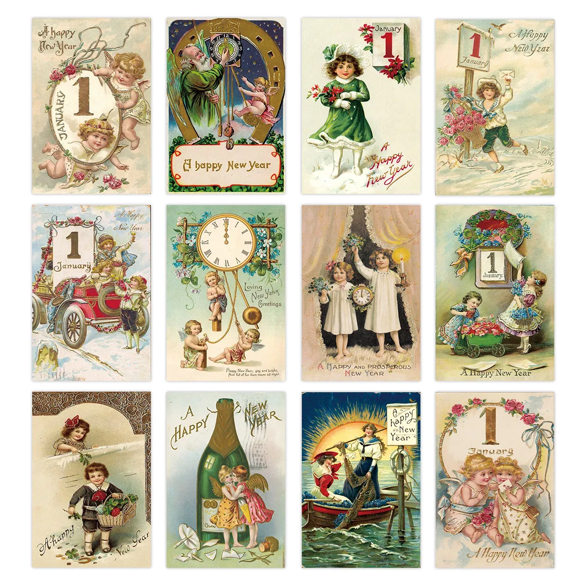 12pc Vintage-Inspired Postcards for Christmas & New Year,Happy New Year Greeting Card,Wall Collage Kit,Home Christmas Decoration