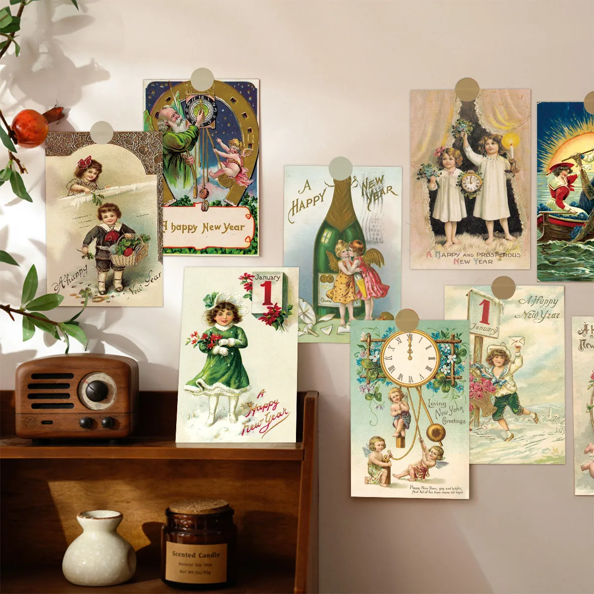 12pc Vintage-Inspired Postcards for Christmas & New Year,Happy New Year Greeting Card,Wall Collage Kit,Home Christmas Decoration