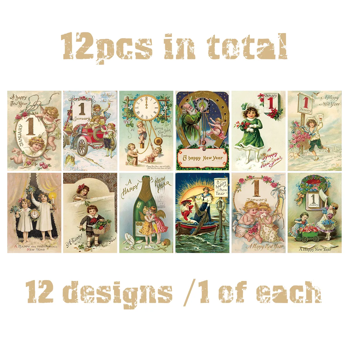 12pc Vintage-Inspired Postcards for Christmas & New Year,Happy New Year Greeting Card,Wall Collage Kit,Home Christmas Decoration