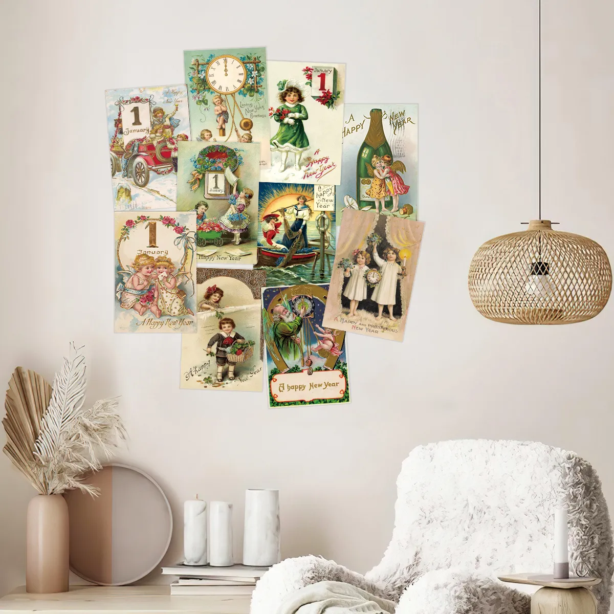 12pc Vintage-Inspired Postcards for Christmas & New Year,Happy New Year Greeting Card,Wall Collage Kit,Home Christmas Decoration