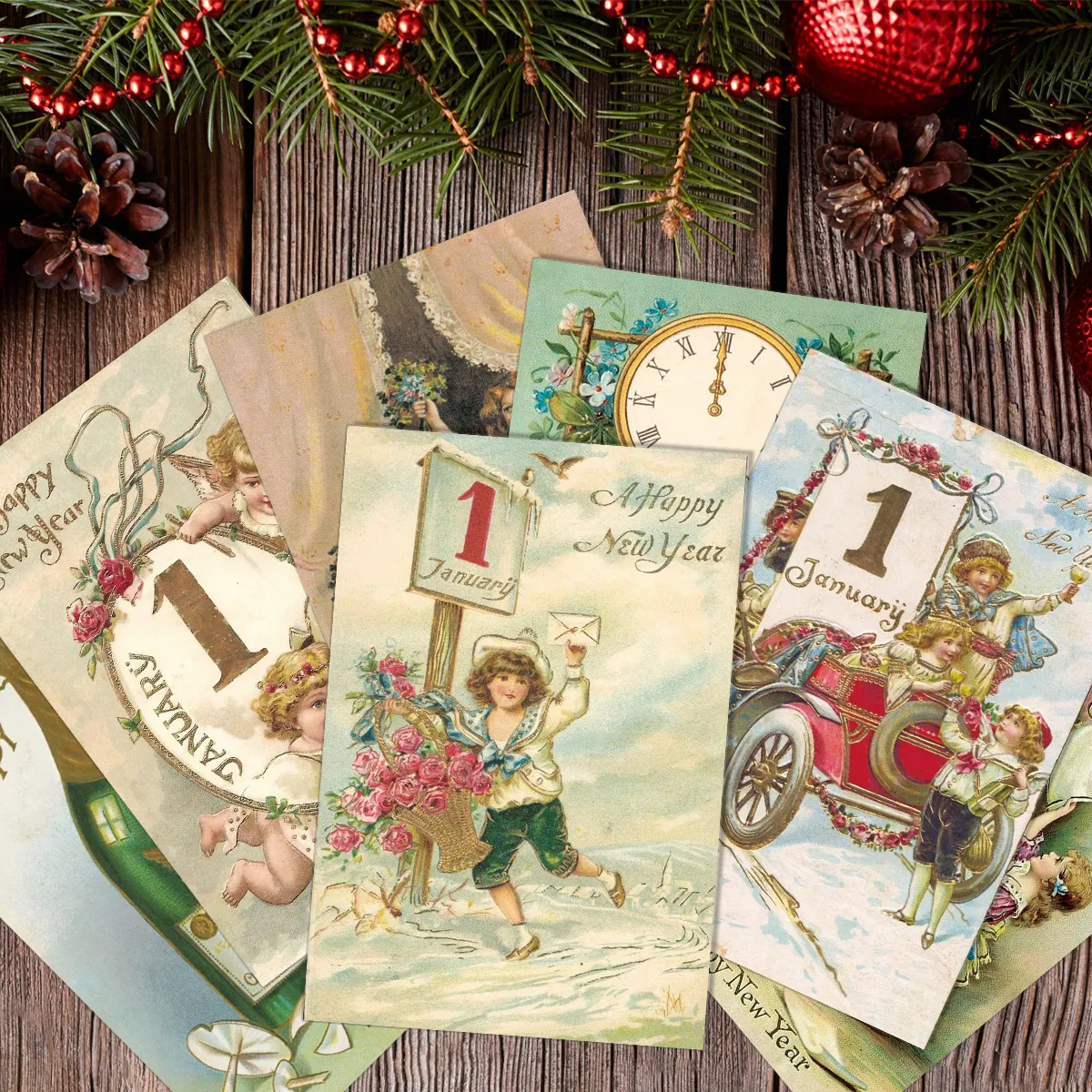 12pc Vintage-Inspired Postcards for Christmas & New Year,Happy New Year Greeting Card,Wall Collage Kit,Home Christmas Decoration