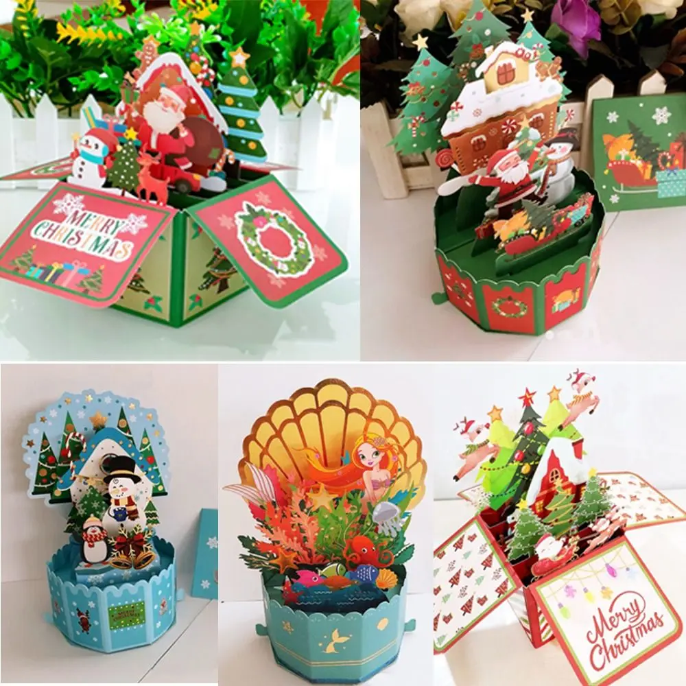 3D Pop Up Greeting Cards Merry Christmas Cards New Year Greeting Cards Blessing Postcard Swan Mermaid Thank You Cards Decor Gift