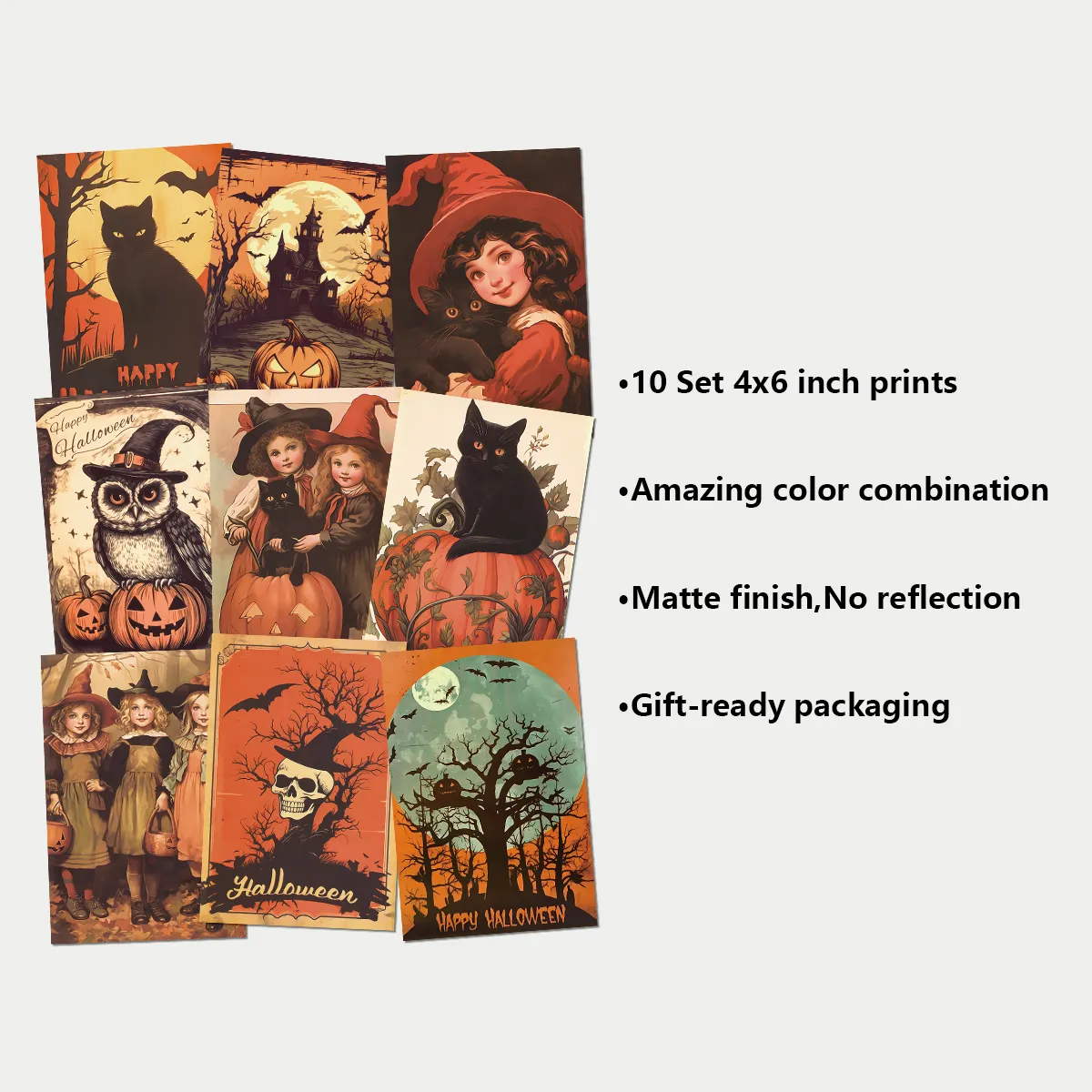 10pcs Vintage Halloween Greeting Cards Halloween Decoration Postcard with Black Cat,Pumpkin, Wall Stickers Note Cards Home Decor