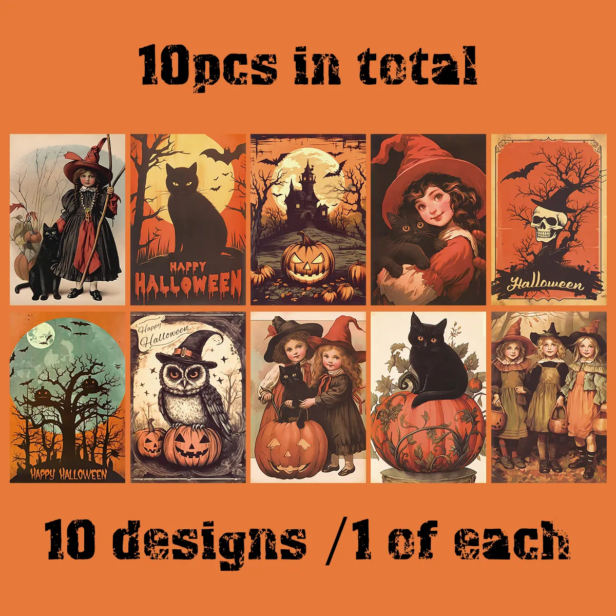 10pcs Vintage Halloween Greeting Cards Halloween Decoration Postcard with Black Cat,Pumpkin, Wall Stickers Note Cards Home Decor