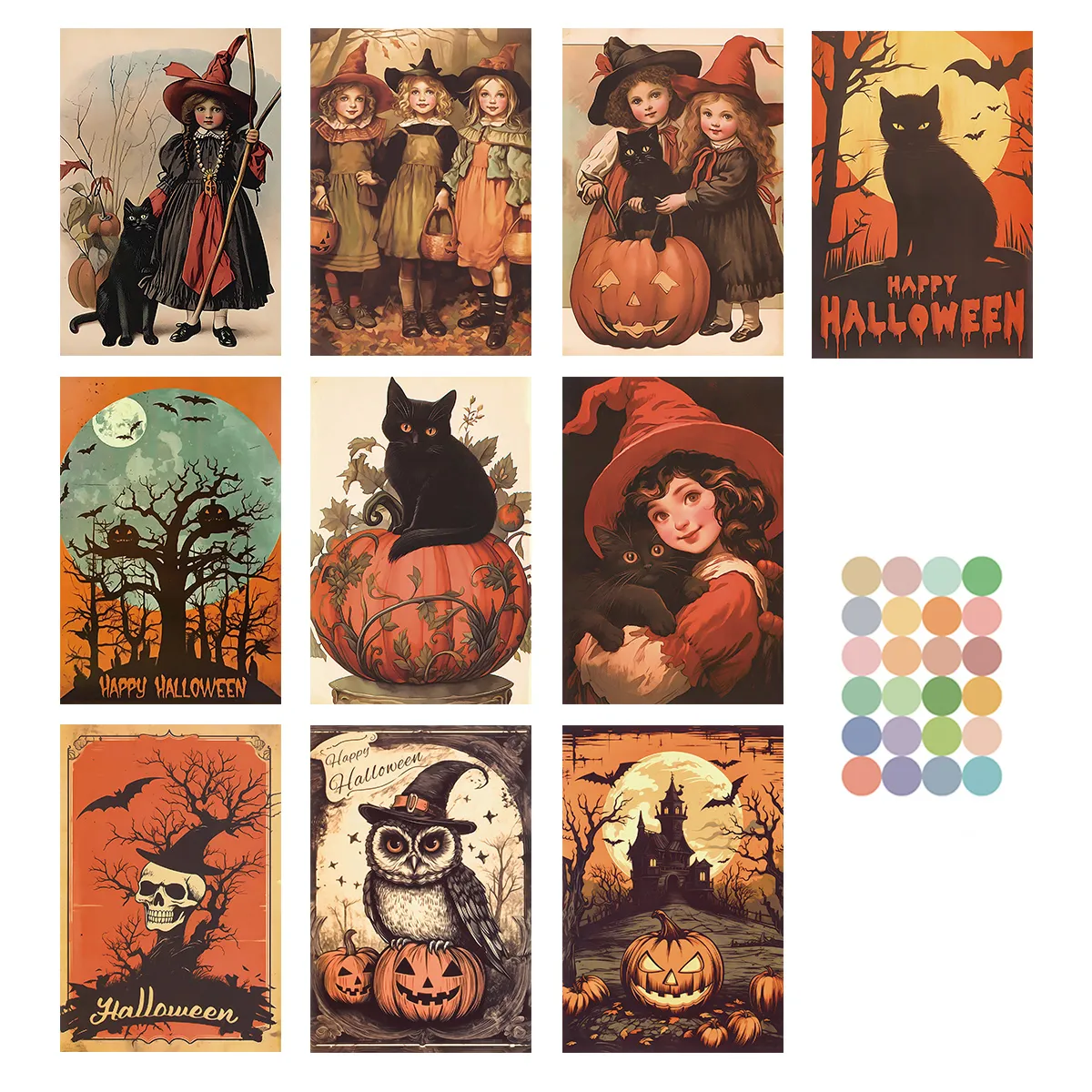 10pcs Vintage Halloween Greeting Cards Halloween Decoration Postcard with Black Cat,Pumpkin, Wall Stickers Note Cards Home Decor