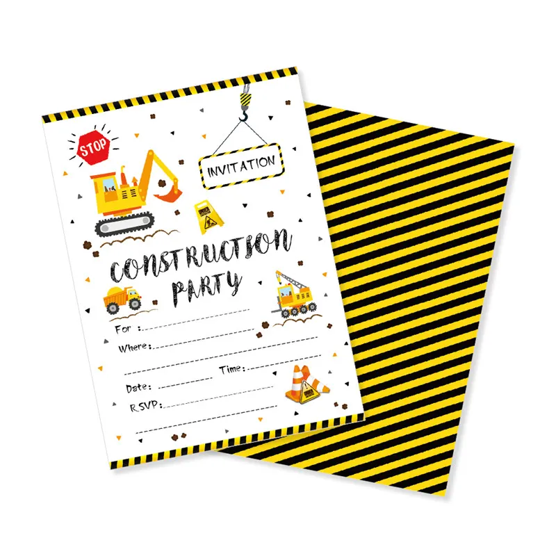 10pcs Kid's Birthday Invitations Cards Decorations Construction Excavator Car Theme Party Favors Baby Shower Party Supplies