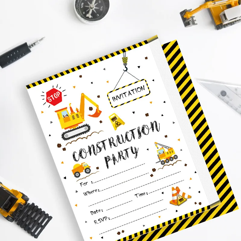 10pcs Kid's Birthday Invitations Cards Decorations Construction Excavator Car Theme Party Favors Baby Shower Party Supplies